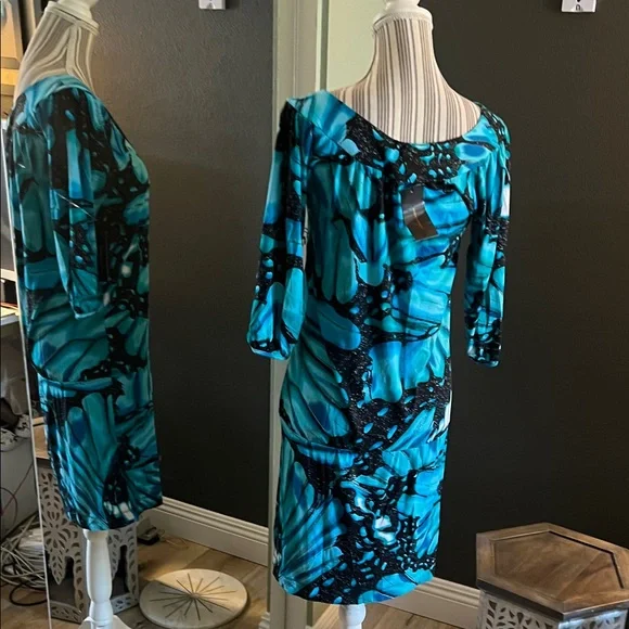 🛑 1 hour sale. NWT. BCBGMaxAzria, Small, Teal & Black Dress, Porcelain Butterfly - Picture 3 of 8